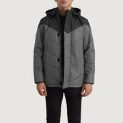 
Luka Fekete & Grey Hooded Puffer Bőrdzseki Férfi - Oldalnézet az ergonomikus ujjkialakítással
