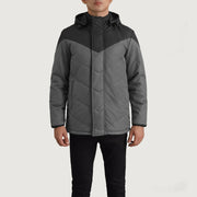 
Közeli részlet of Classic Collar & Zipper With Velcro Placket Hardware on Luka Fekete & Grey Hooded Puffer Bőrdzseki Férfi