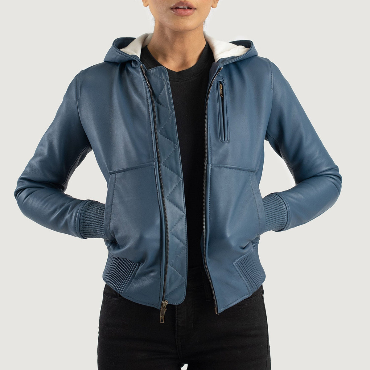
Luna Blue Hooded Leather Bomber Jacket in Blue Sheepskin Leather - Elölnézet & testre szabott sziluett | Online vásárlás