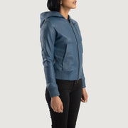 
Blue Sheepskin Leather Bomber Jacket - Hátulnézet precíz vállilleszkedéssel és tiszta szegéllyel