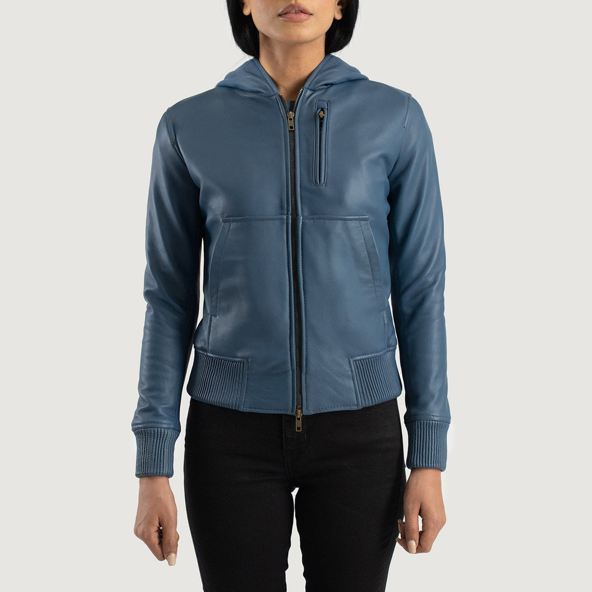 
Közeli részlet of Hooded & Zipper Hardware on Luna Blue Hooded Leather Bomber Jacket