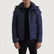 
Malcolm Kék Hooded Puffer Bőrdzseki Férfi in Blue Full-Grain Leather - Elölnézet & testre szabott sziluett | Online vásárlás