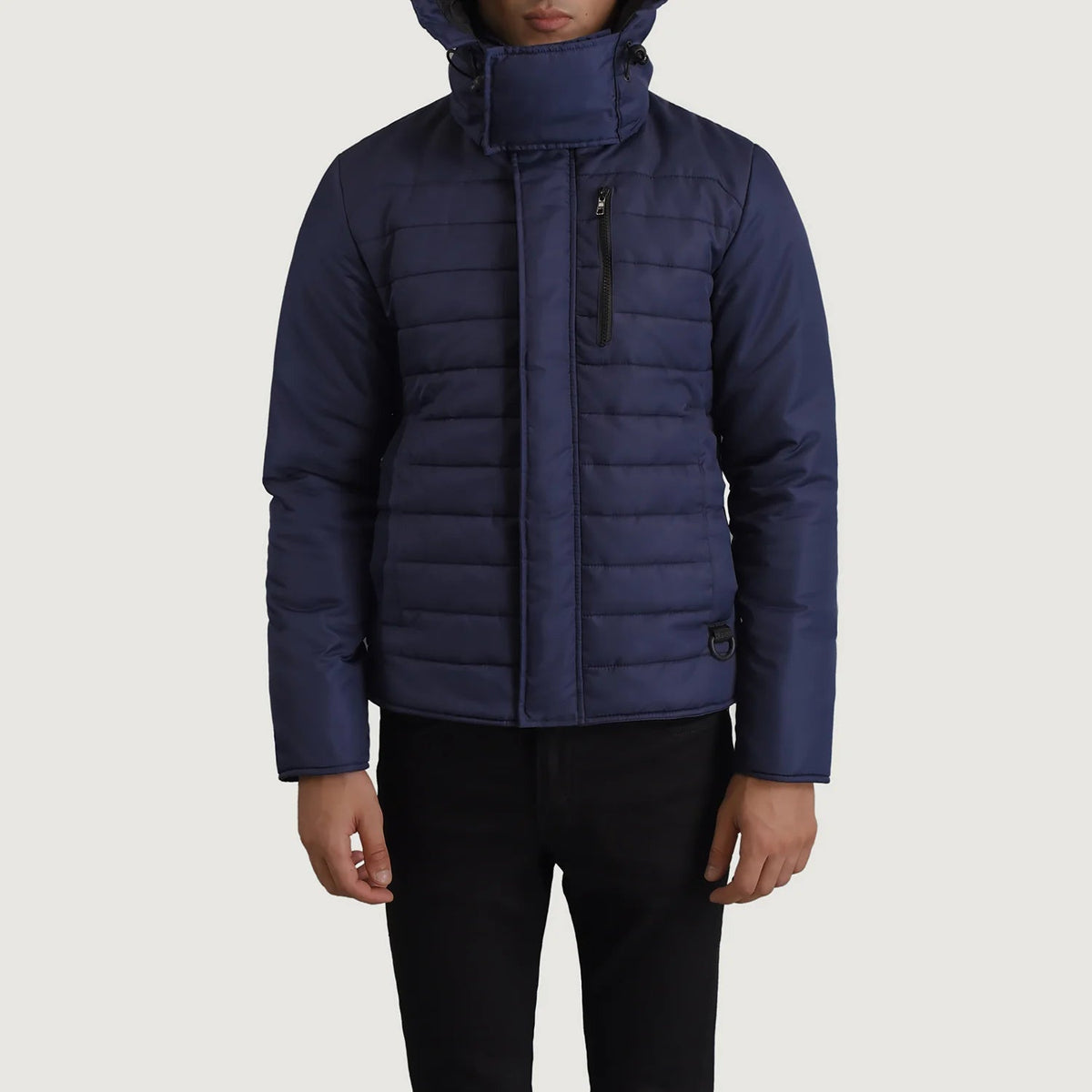 
Közeli részlet of Classic Collar & Zipper With Placket Hardware on Malcolm Kék Hooded Puffer Bőrdzseki Férfi