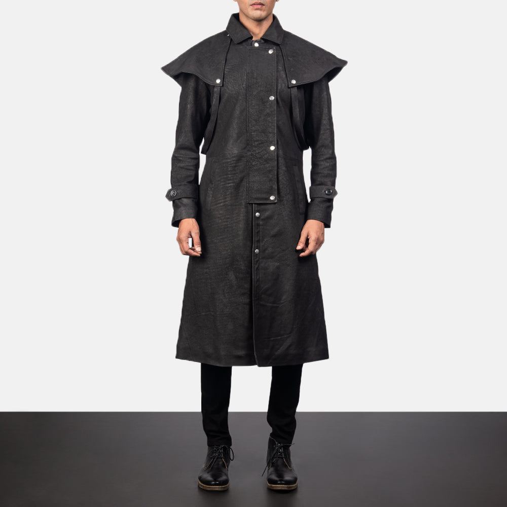 
Maverick Fekete Leather Duster Férfi in Distressed Black Sheepskin Snuffed - Elölnézet & testre szabott sziluett | Online vásárlás
