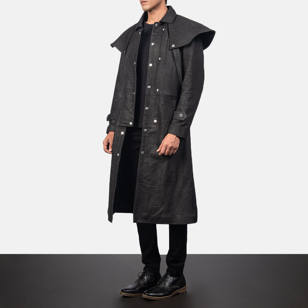 
Distressed Black Sheepskin Snuffed Trench Coat - Hátulnézet precíz vállilleszkedéssel és tiszta szegéllyel