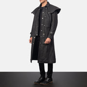 
Distressed Black Sheepskin Snuffed Trench Coat - Hátulnézet precíz vállilleszkedéssel és tiszta szegéllyel
