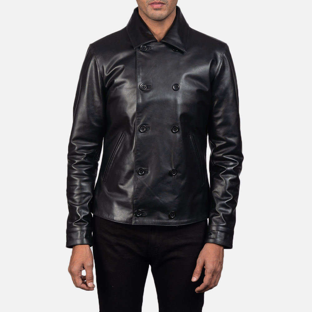 
Mod Fekete Leather Peacoat Férfi in Black Cowhide Leather - Elölnézet & testre szabott sziluett | Online vásárlás