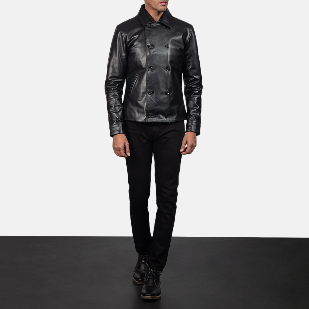 
Mod Fekete Leather Peacoat Férfi - Oldalnézet az ergonomikus ujjkialakítással