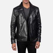 
Közeli részlet of Notch & Buttons Hardware on Mod Fekete Leather Peacoat Férfi