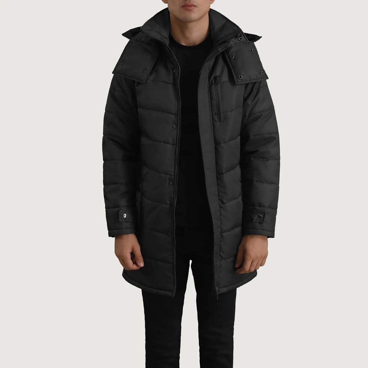 
Moore Fekete Hooded Parka Férfi fekete valódi marhabőrből - Elölnézet & testre szabott sziluett | Online vásárlás