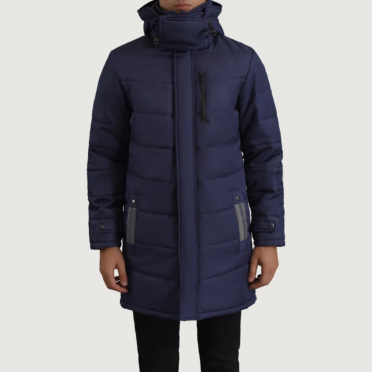 
Közeli részlet of Classic Collar & Zipper With Snap Button Placket Hardware on Moore Kék Hooded Parka Férfi