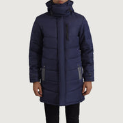 
Közeli részlet of Classic Collar & Zipper With Snap Button Placket Hardware on Moore Kék Hooded Parka Férfi