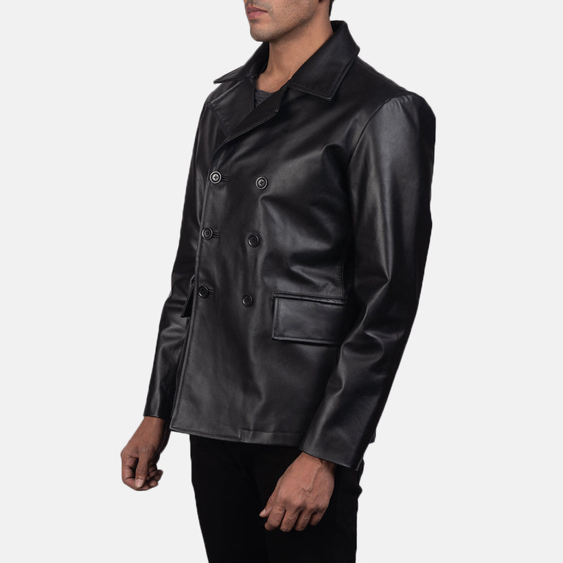 Mr. Bailey Fekete Leather Naval Peacoat férfi