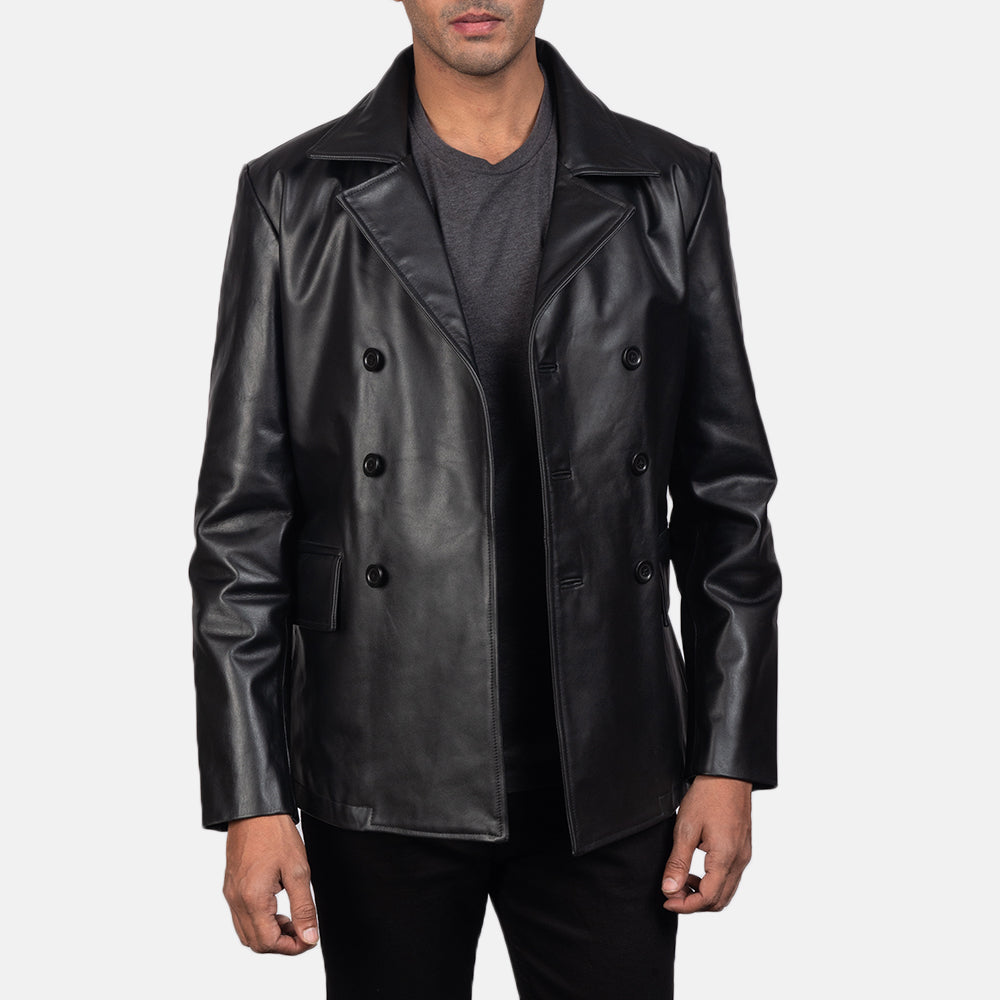 
Közeli részlet of Notch & Buttons Hardware on Mr. Bailey Fekete Leather Naval Peacoat Férfi