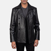
Közeli részlet of Notch & Buttons Hardware on Mr. Bailey Fekete Leather Naval Peacoat Férfi