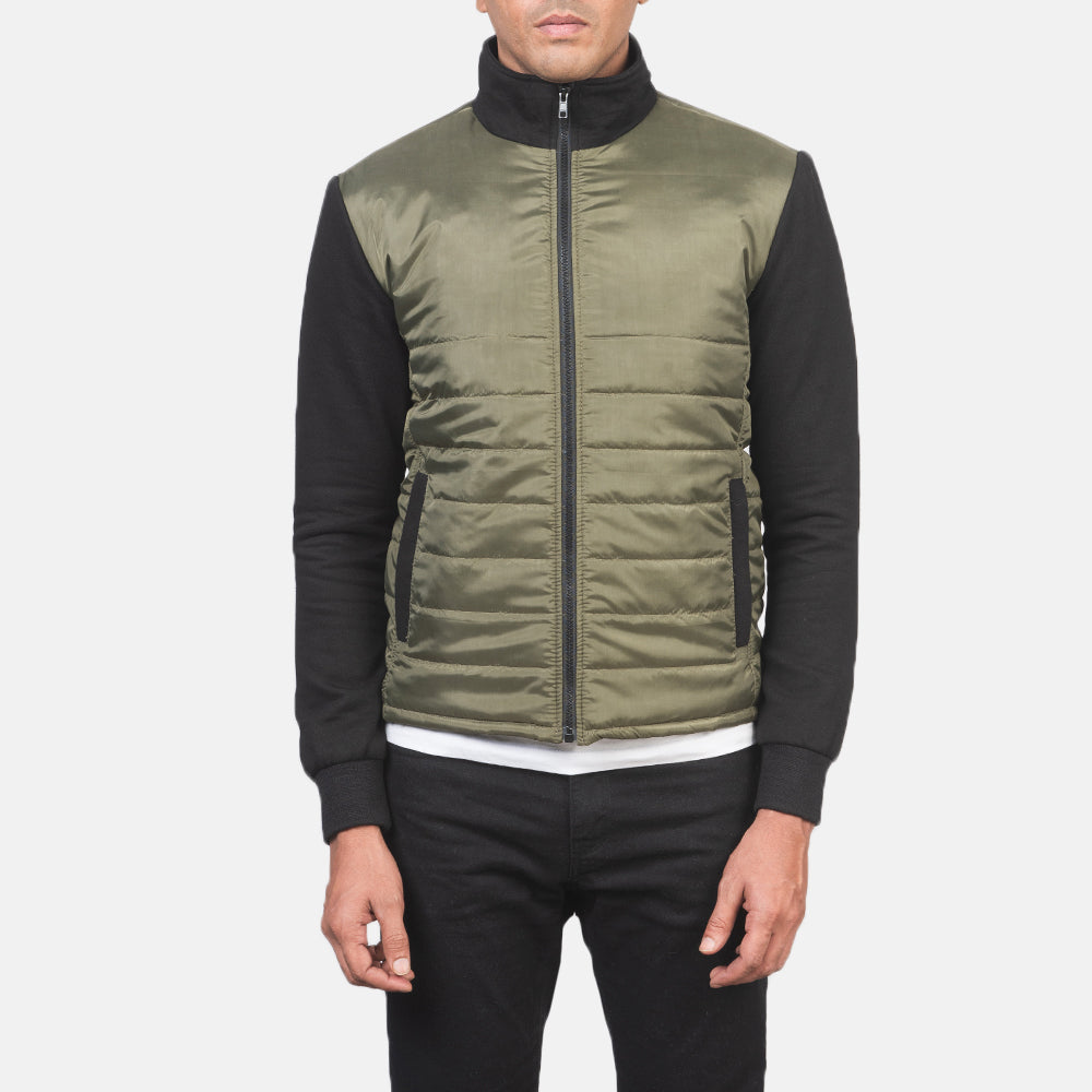 
Közeli részlet of High Neck & Zipper with wind flap Hardware on Nashville Steppelt Zöld Windbreaker Bőrdzseki Férfi