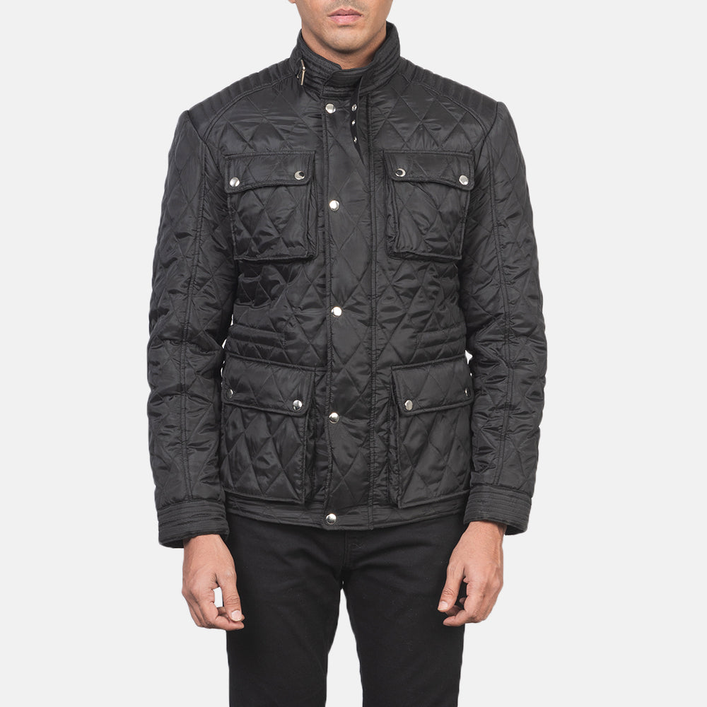 Közeli részlet of Belted Band & Zipper with Front Button Flap Hardware on Nelson Quilted Black Windbreaker Jacket