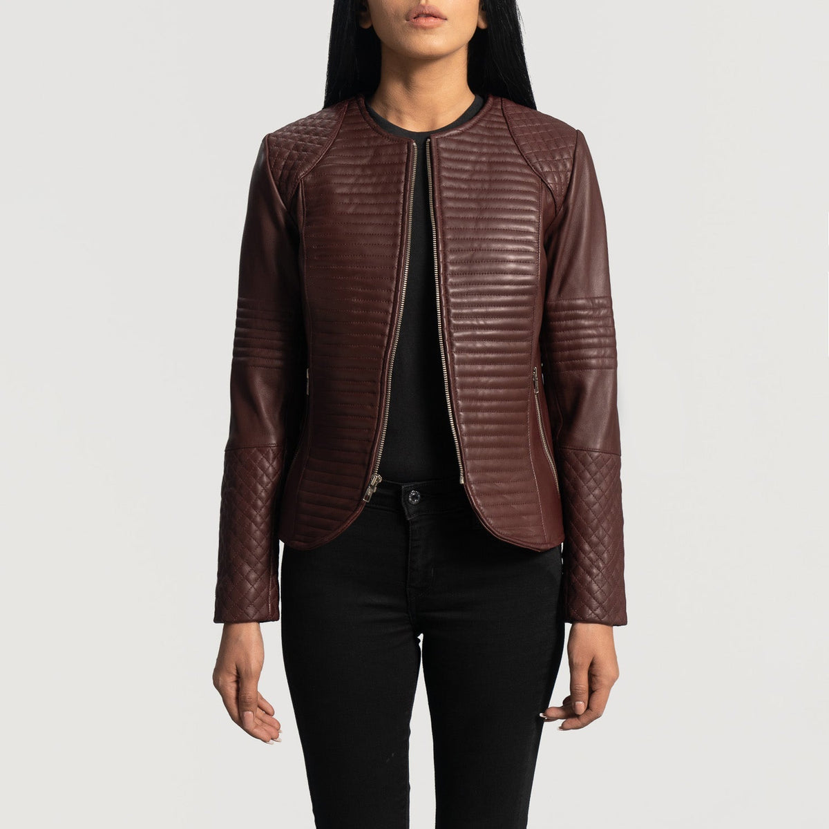 
Nexi Quilted Maroon Leather Jacket - Oldalnézet az ergonomikus ujjkialakítással