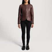 
Közeli részlet of Classic Collar & Zipper Hardware on Nexi Quilted Maroon Leather Jacket