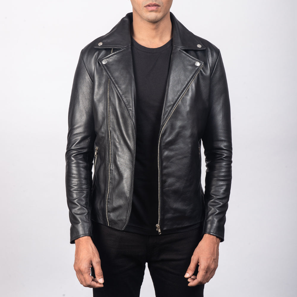 
Noah Black Leather Biker Jacket in Black Sheepskin Leather - Elölnézet & testre szabott sziluett | Online vásárlás