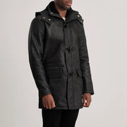 
Distressed Black Sheepskin Snuffed Hooded Jacket - Hátulnézet precíz vállilleszkedéssel és tiszta szegéllyel