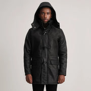 
Közeli részlet of Band collar & Zipper with Toggle button Hardware on Nolan Black Snuffed Leather Duffle Coat