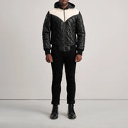 
Norman Tan Hooded Bomber Leather Puffer Jacket - Oldalnézet az ergonomikus ujjkialakítással