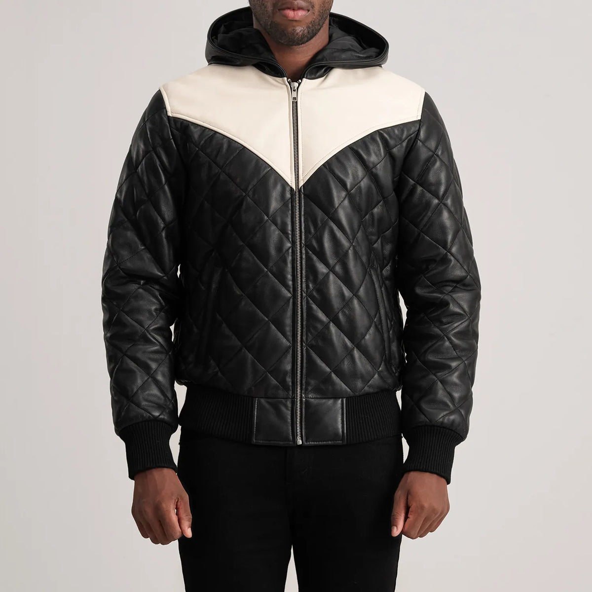 
Közeli részlet of Hooded & Zipper Hardware on Norman Tan Hooded Bomber Leather Puffer Jacket