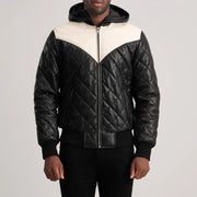 
Közeli részlet of Hooded & Zipper Hardware on Norman Tan Hooded Bomber Leather Puffer Jacket
