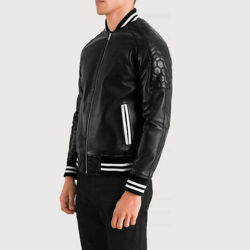 Black Sheepskin Leather Varsity Jacket - Back View Showing Tailored Shoulder Fit & Clean Hemline