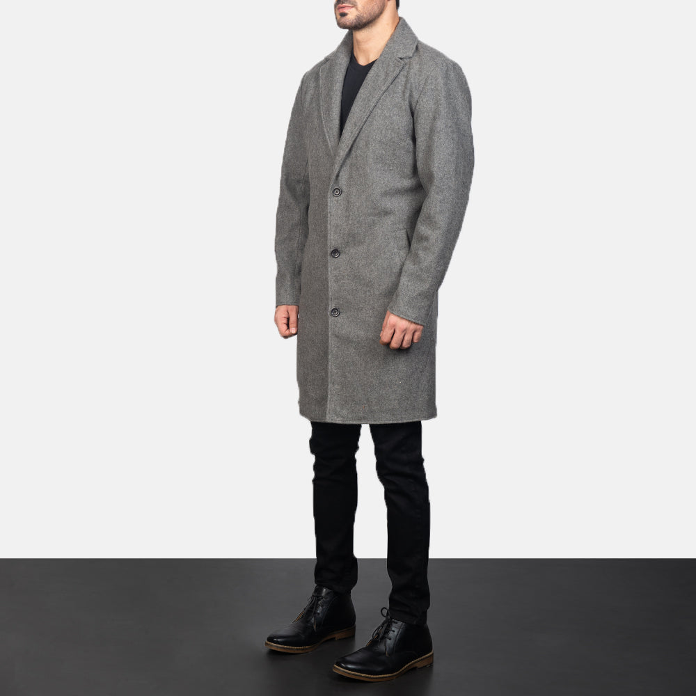 
Grey Synthetic Wool Trench Coat - Hátulnézet precíz vállilleszkedéssel és tiszta szegéllyel