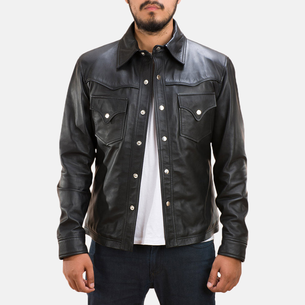 
Ranchson Fekete Leather Shirt Férfi in Black Sheepskin Leather - Elölnézet & testre szabott sziluett | Online vásárlás