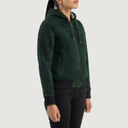 
Green Goatskin Suede Bomber Jacket - Hátulnézet precíz vállilleszkedéssel és tiszta szegéllyel