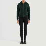 
Rebella Green Hooded Suede Bomber Jacket - Oldalnézet az ergonomikus ujjkialakítással