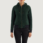 
Közeli részlet of Hooded & Zipper Hardware on Rebella Green Hooded Suede Bomber Jacket