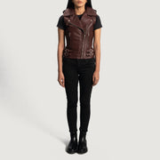 
Közeli részlet of Notch & Zipper Hardware on Rhonda Gesztenyebarna Leather Biker Vest Női