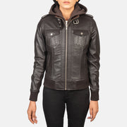 
Közeli részlet of High Neck with Belt & Zipper Hardware on Roslyn Brown Hooded Leather Bomber Jacket