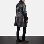 Men's Royson Black Leather Duster Coat - Lateral Side Profile View Showing Sleeve Cut &amp; Athletic Taper Fit