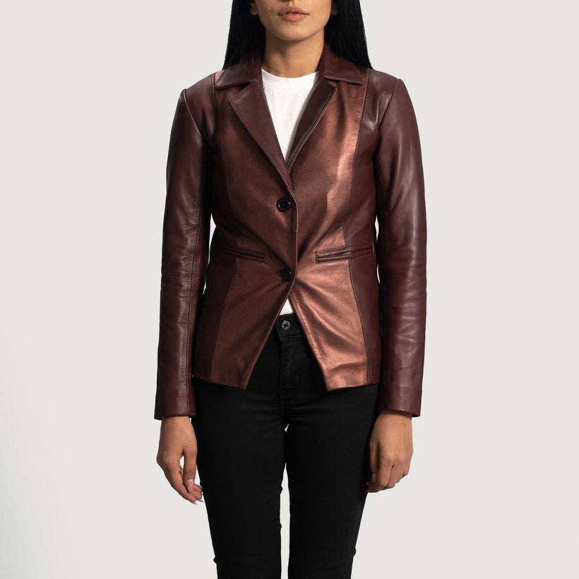 Ruby Metallic Maroon Leather Blazer női
