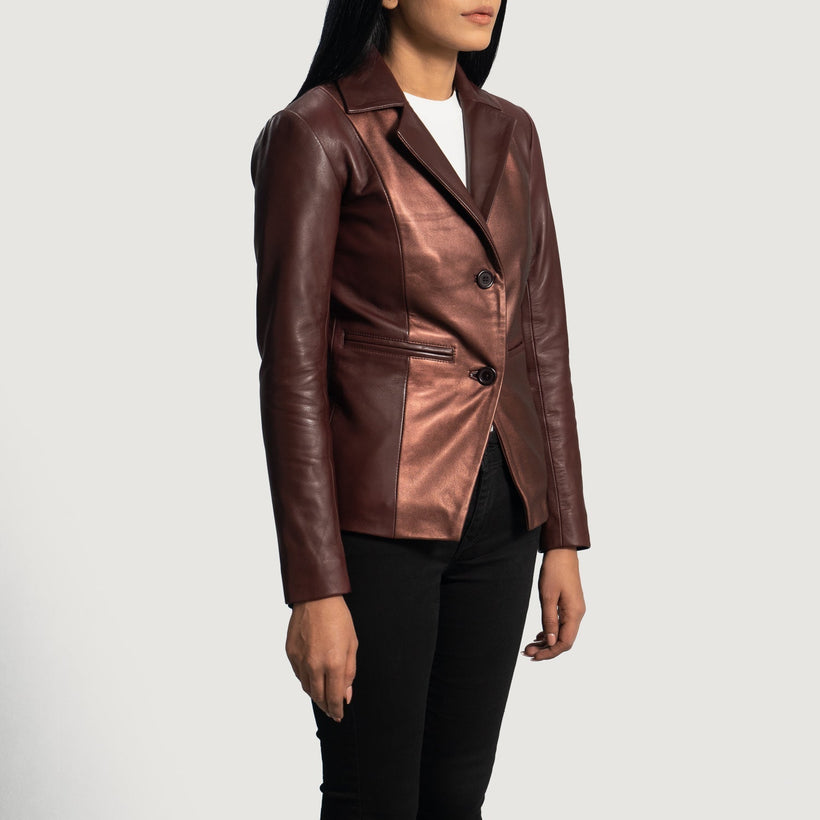 Ruby Metallic Maroon Leather Blazer női