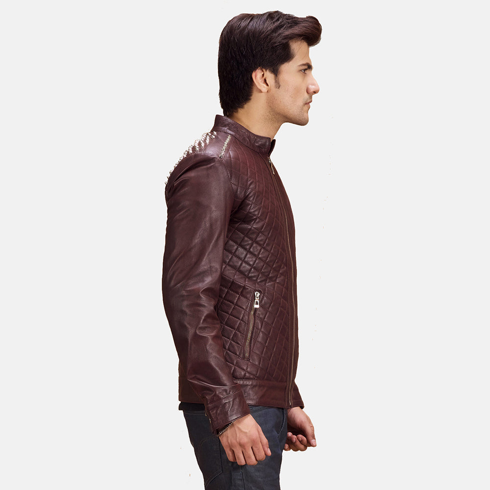 
Maroon Sheepskin Leather Biker Jacket - Hátulnézet precíz vállilleszkedéssel és tiszta szegéllyel