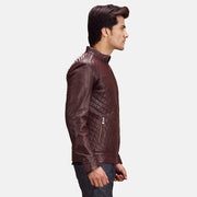 
Maroon Sheepskin Leather Biker Jacket - Hátulnézet precíz vállilleszkedéssel és tiszta szegéllyel