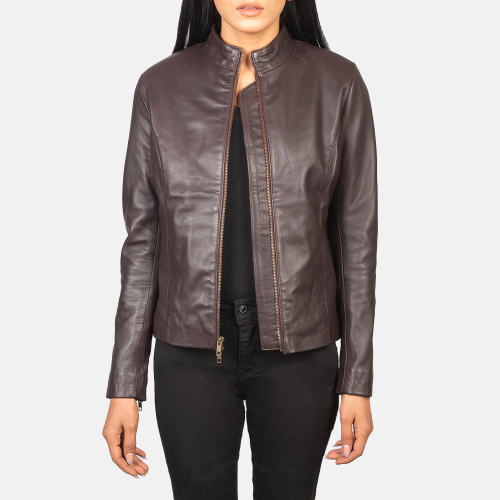 Women's Rumella Maroon Leather Biker Jacket in Maroon Sheepskin Leather - Front Profile View &amp; Tailored Silhouette | Buy Online