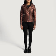 
Közeli részlet of Notch & Zipper Hardware on Rumy Maroon Leather Biker Jacket