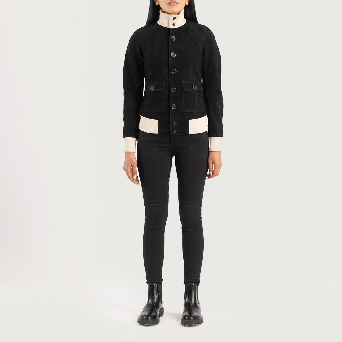 
Sasha A1 Black Suede Bomber Jacket - Oldalnézet az ergonomikus ujjkialakítással