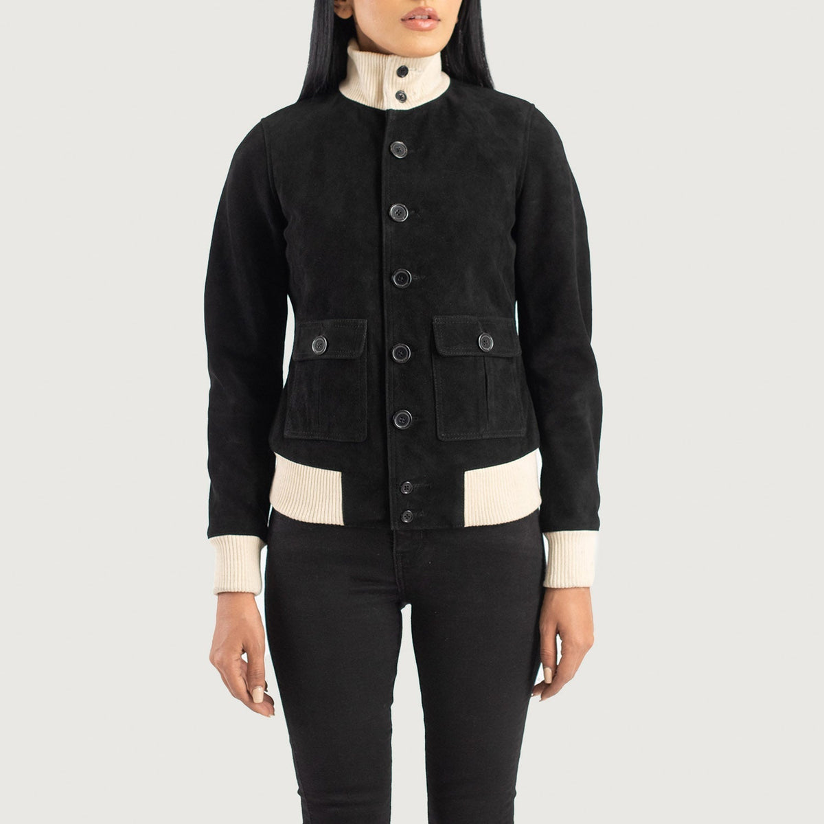 
Közeli részlet of Knit Rib & Buttons Hardware on Sasha A1 Black Suede Bomber Jacket