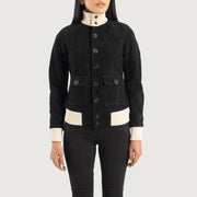 
Közeli részlet of Knit Rib & Buttons Hardware on Sasha A1 Black Suede Bomber Jacket