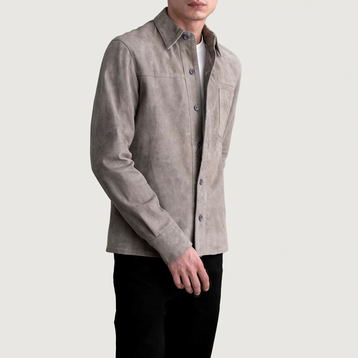 
Grey Goatskin suede Jacket - Hátulnézet precíz vállilleszkedéssel és tiszta szegéllyel