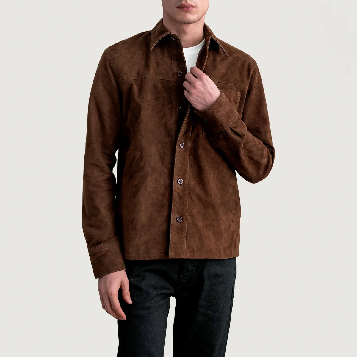 
Scout Mocha Suede Leather Shirt Férfi Férfi in Brown Goatskin Suede - Elölnézet & testre szabott sziluett | Online vásárlás