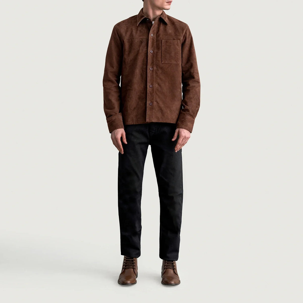 
Közeli részlet of Shirt & Buttons Hardware on Scout Mocha Suede Leather Shirt Férfi Férfi